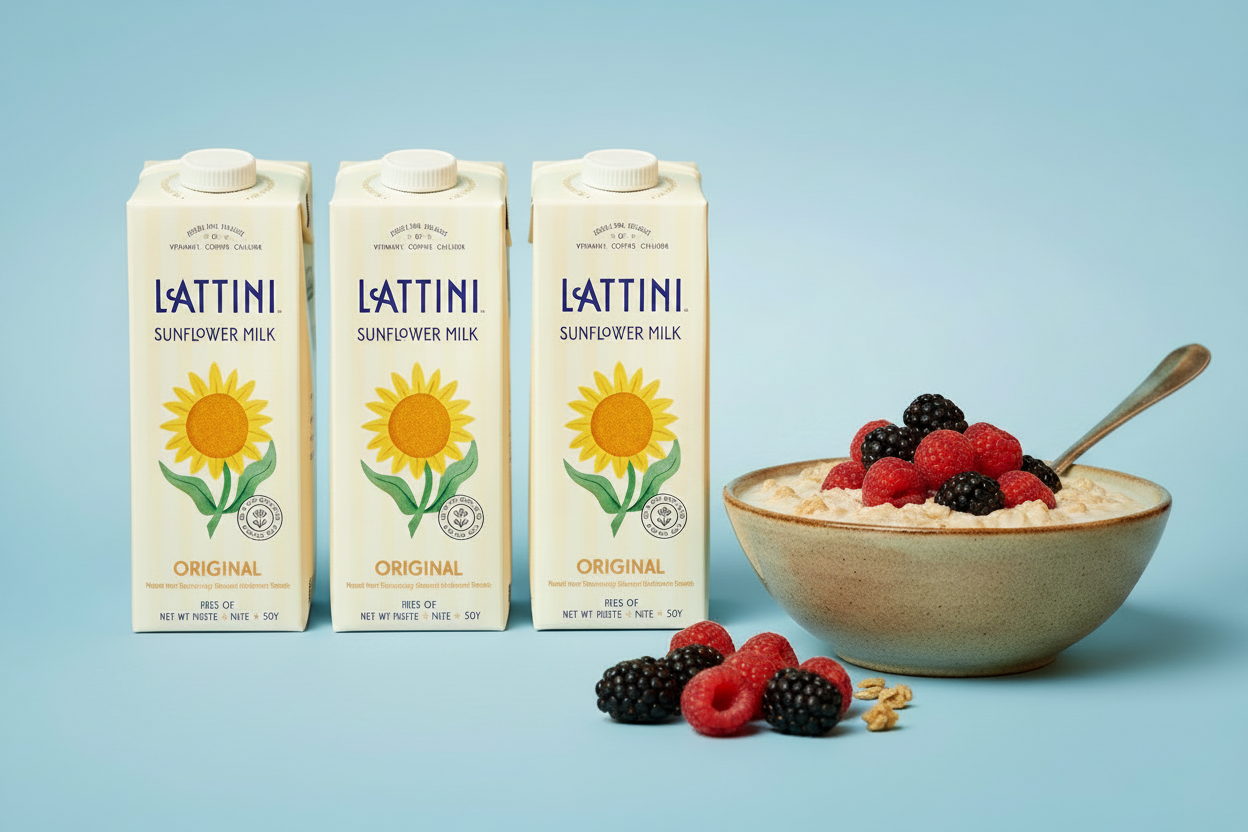 Lattini Original Sunflower Milk 3 cartons with simple cereal bowl and fruit