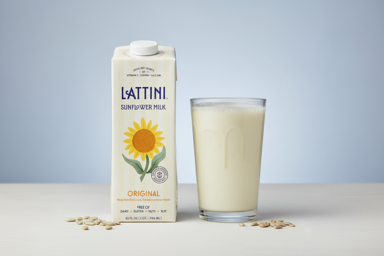 Lattini Original Sunflower Milk carton facing forward with glass and sunflower kernels