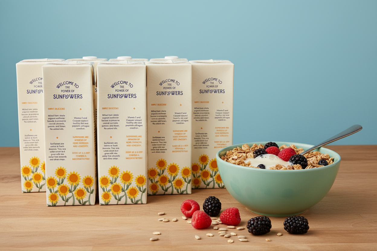 Lattini Original Sunflower Milk cartons facing forward with cereal bowl