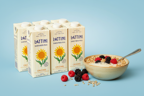 Lattini Original Sunflower Milk front-facing cartons with cereal bowl