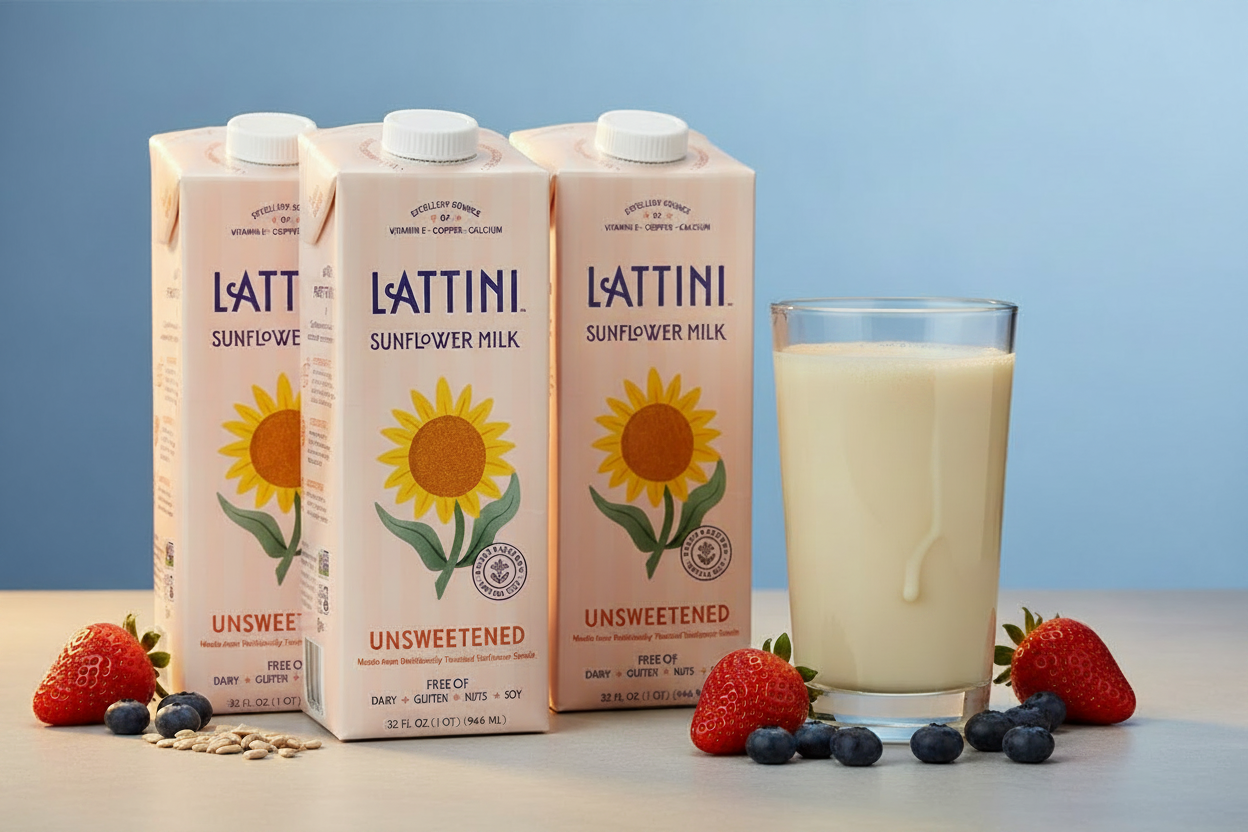 Lattini Unsweetened Sunflower Milk with naturally overfilled glass
